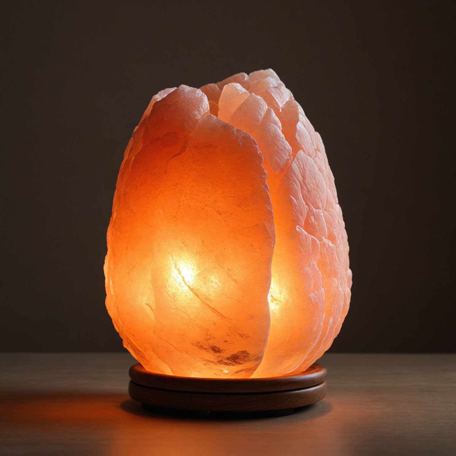 Himalayan Pink Salt lamp glowing softly with a wooden base